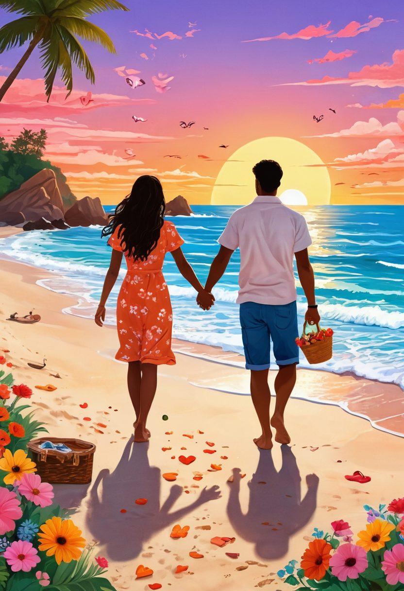 A whimsical illustration of two couples joyfully exploring a beautiful beach, hand in hand, surrounded by symbols of love such as hearts and flowers. The scene captures the essence of adventure with a vibrant sunset in the background, emphasizing intimacy and connection. Include elements like a cozy picnic setup and playful waves to enhance the atmosphere. bright colors. illustration style. playful and romantic.